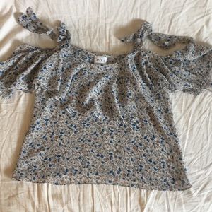 Blue and white floral off the shoulder shirt